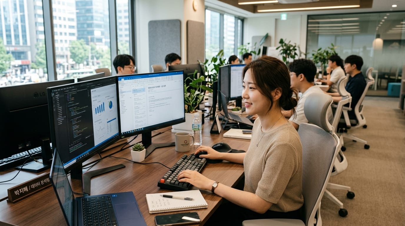 사무실에서 컴퓨터 작업을 하는 여성 직원, 데이터 분석 및 보고서를 작성 중이며, 여러 대의 모니터와 함께 일하는 모습. 배경에는 동료들이 함께 작업하고 있는 모습이 보임.