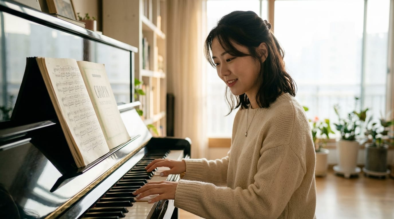 피아노 앞에서 음악을 연주하는 젊은 여성, 따뜻한 조명이 비치는 현대적인 거실에서 편안한 분위기를 자아내고 있음. 악보가 피아노 위에 놓여 있고, 주변에는 식물이 배치되어 있음.