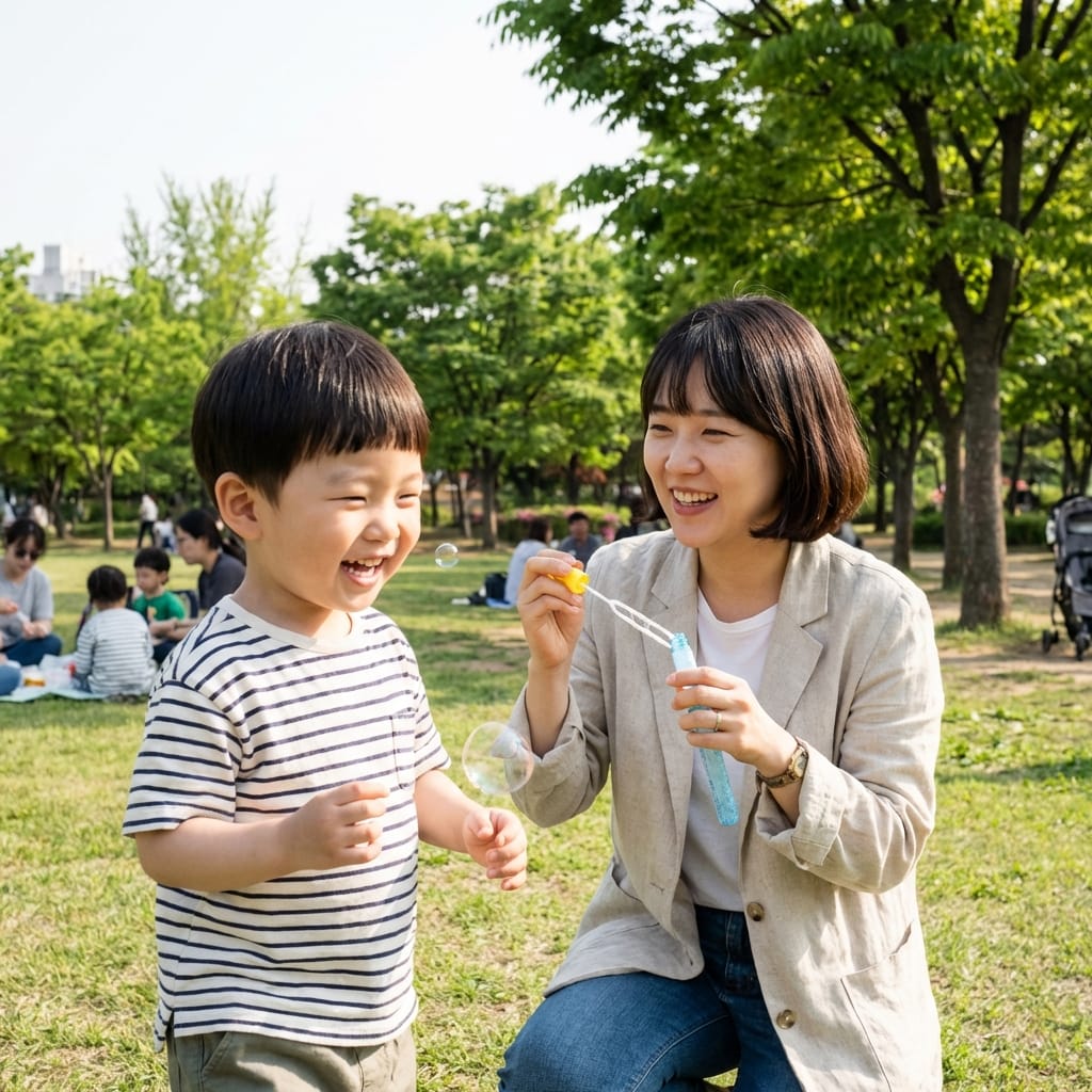 어린이와 어머니가 공원에서 비누방울 놀이를 하며 즐거운 시간을 보내고 있는 모습. 초록색 나무와 잔디가 있는 배경에서 웃고 있는 두 사람.