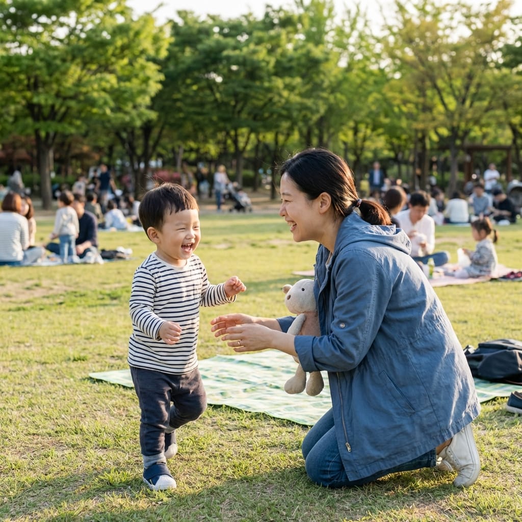 어린 아들이 웃으며 뛰어가는 모습과 그를 바라보며 미소 짓는 엄마가 있는 공원에서의 가족 활동 장면. 주변에는 나무와 사람들이 있어 활기찬 분위기를 자아냄.