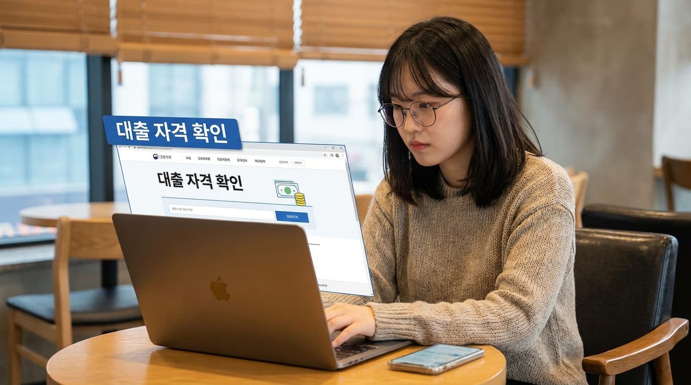 컴퓨터에서 대출 자격 확인 웹사이트를 이용하는 젊은 여성의 모습. 카페에서 편안하게 앉아 있으며, 노트북 화면에는 대출 관련 정보가 표시되어 있다.