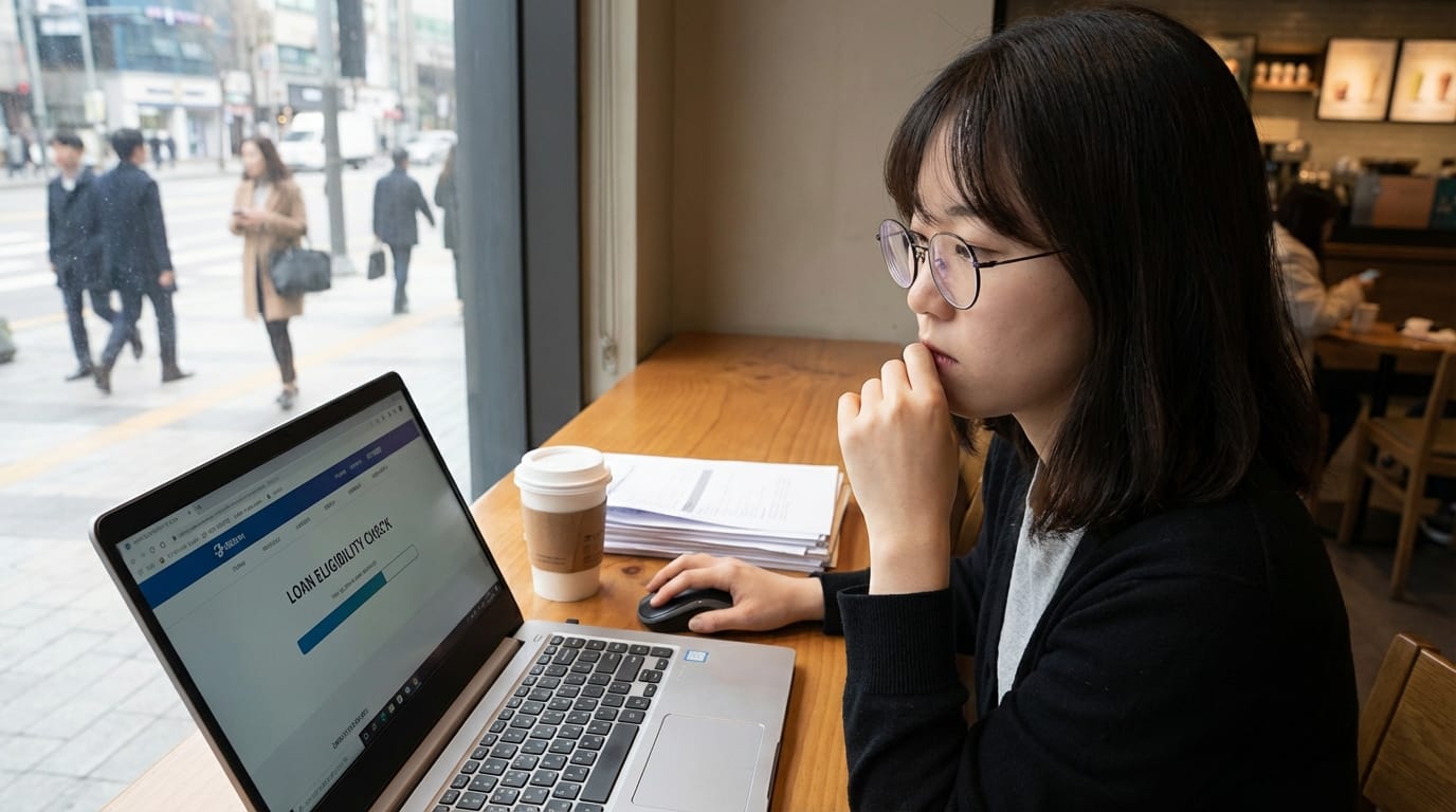 카페에서 노트북으로 대출 자격 확인 웹사이트를 이용하고 있는 젊은 여성의 모습. 창 밖으로 보행자들이 지나가는 도시 풍경이 보인다. 테이블 위에는 커피 컵과 문서가 놓여 있다.