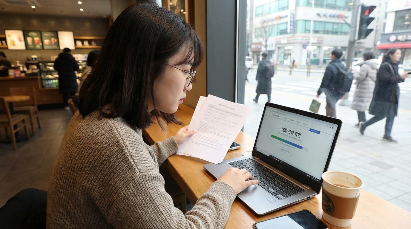 카페에서 노트북으로 작업 중인 여성, 손에 문서와 스마트폰이 있으며, 화면에는 대출 관련 정보가 표시됨. 창 밖으로 보행자들이 지나가는 모습.