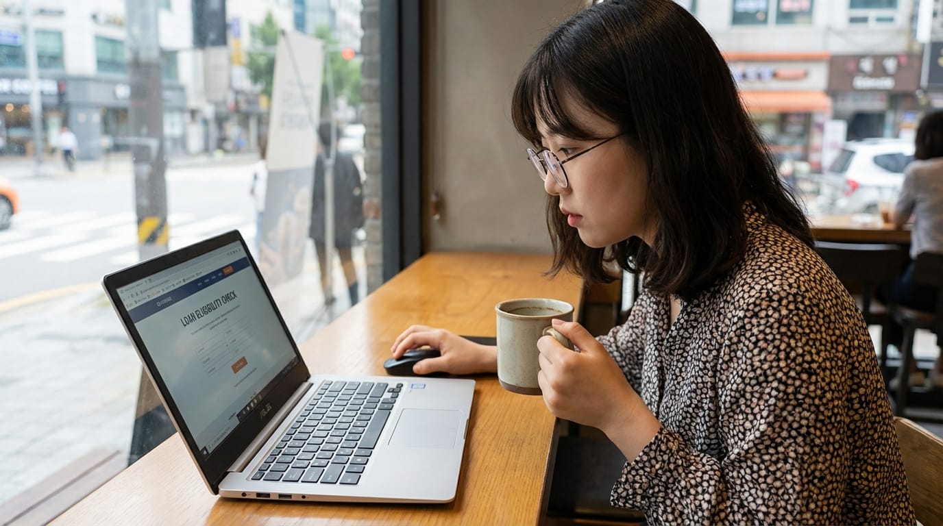 카페에서 노트북으로 작업 중인 여성. 그녀는 커피를 마시며 화면을 주의 깊게 살펴보고 있다. 배경에는 도시 풍경이 보인다.