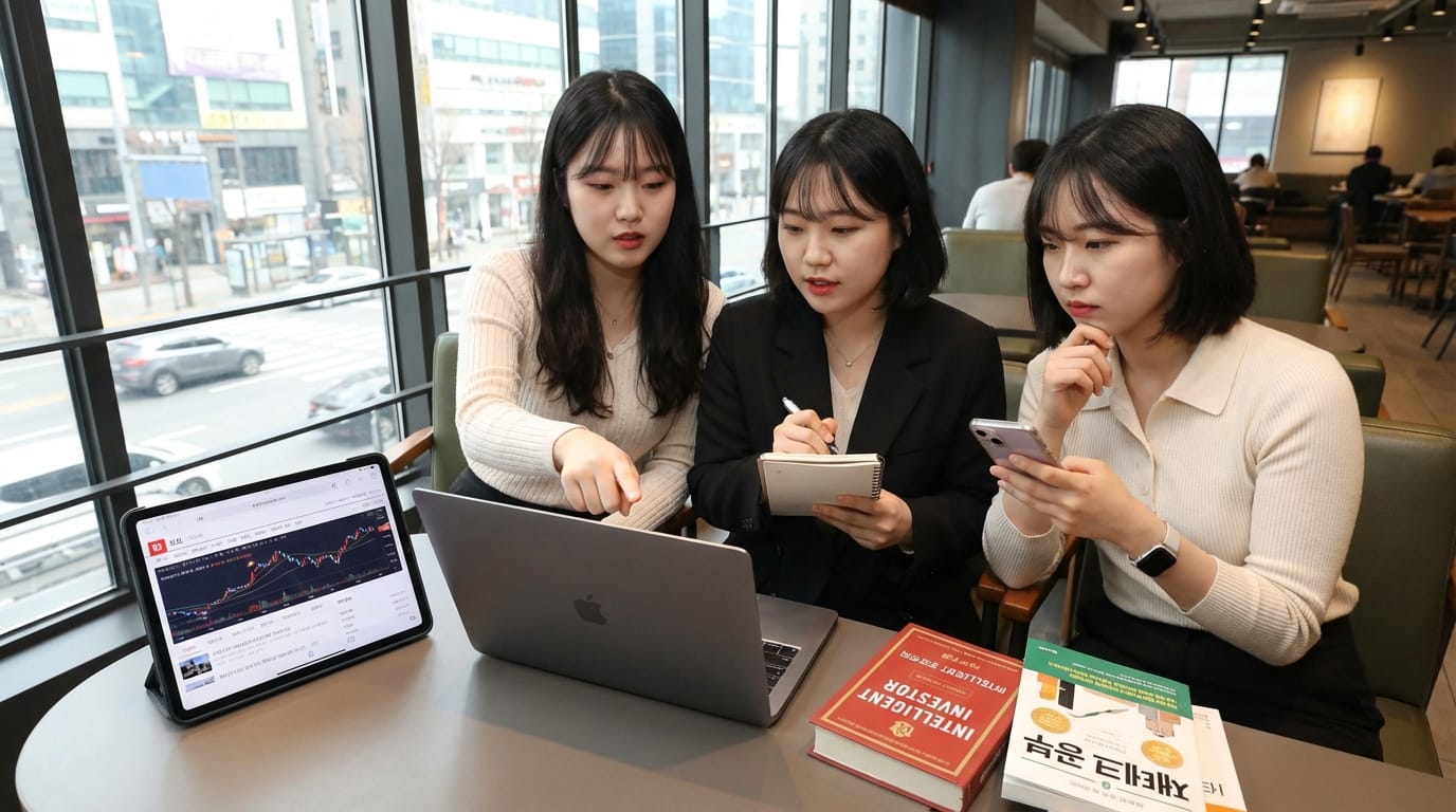 세 명의 여성들이 카페에서 노트북과 태블릿을 사용하며 토론하고 있는 모습. 연구 자료와 책들이 테이블 위에 놓여 있으며, 한 여성은 메모를 하고 다른 여성은 스마트폰을 보고 있다.