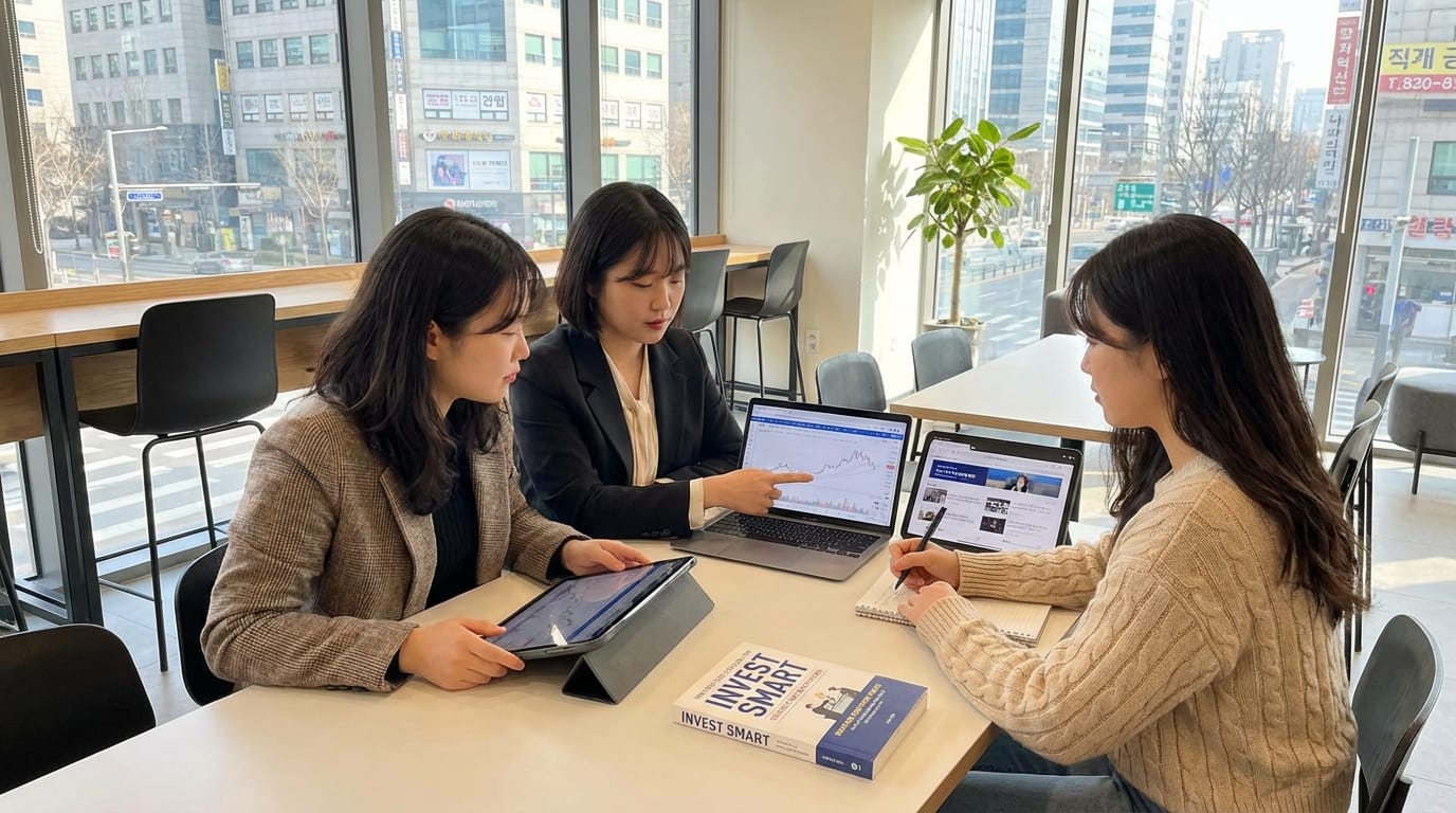 세 명의 여성 전문가가 회의 중이며, 노트북과 태블릿을 사용하여 투자 전략을 논의하고 있다. 테이블 위에는 'INVEST SMART'라는 책이 놓여 있고, 창 밖으로는 도시 풍경이 보인다.