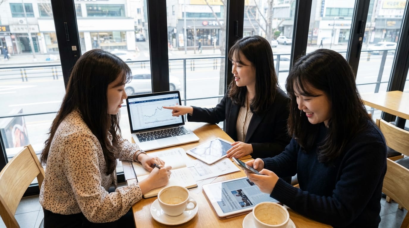 카페에서 비즈니스 회의를 진행하는 세 여성. 한 여성은 노트북 화면을 가리키며 데이터 분석을 설명하고, 다른 두 여성은 메모와 스마트폰을 사용하고 있다. 테이블 위에는 커피와 태블릿이 놓여 있다.