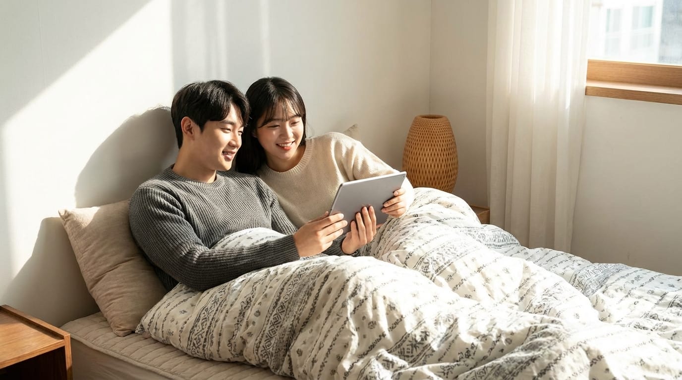 침대에 앉아 태블릿을 함께 보고 있는 커플, 따뜻한 담요로 덮여 있으며, 햇빛이 비추는 아늑한 방의 모습.