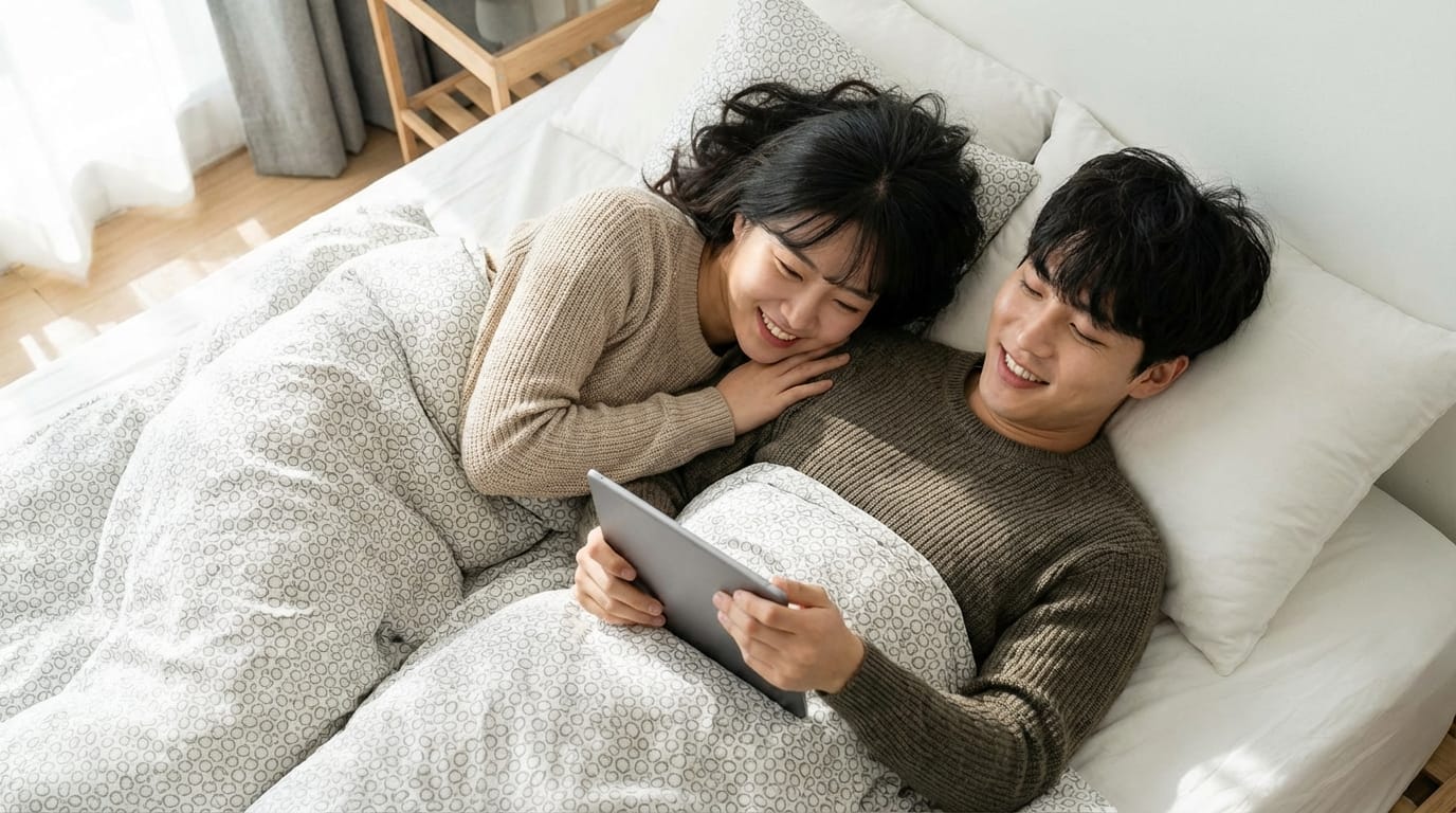 침대에서 함께 앉아 태블릿을 보는 커플. 편안한 옷을 입고 웃고 있는 모습으로, 아늑한 분위기 속에서 함께 시간을 보내고 있다.