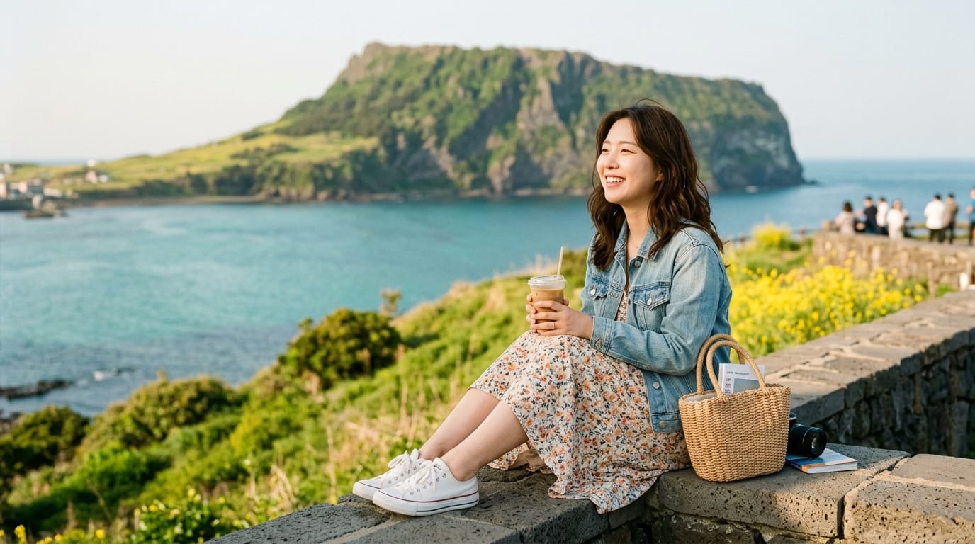 제주도 바다를 배경으로 앉아 있는 여성, 꽃무늬 드레스와 청재킷을 입고 커피를 들고 미소 짓고 있는 모습. 아름다운 자연 경관과 함께 여유로운 여행 분위기를 전달.
