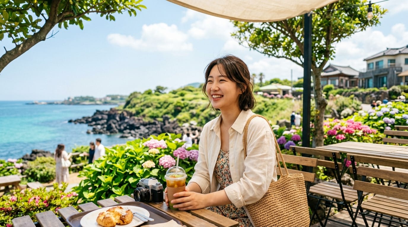 해변가 카페에서 아이스 음료를 즐기는 여성, 화창한 날씨와 아름다운 꽃들이 있는 풍경. 테이블 위에는 음식과 카메라가 놓여 있으며, 배경에는 바다와 사람들이 보임.