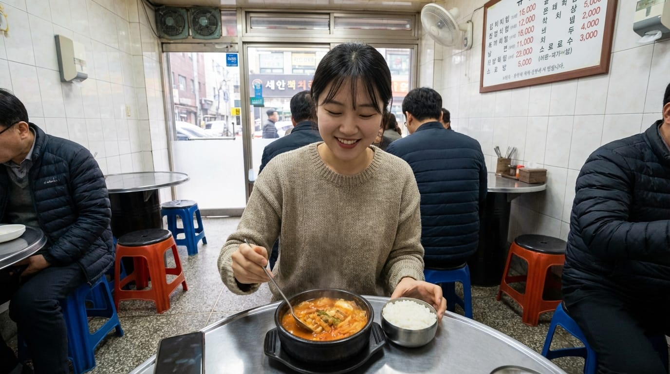 식당에서 김치찌개를 먹으며 웃고 있는 여성, 테이블 위에는 밥과 함께 김치찌개가 담긴 돌솥이 놓여있고, 배경에는 다른 손님들이 앉아 있는 모습이 보임.