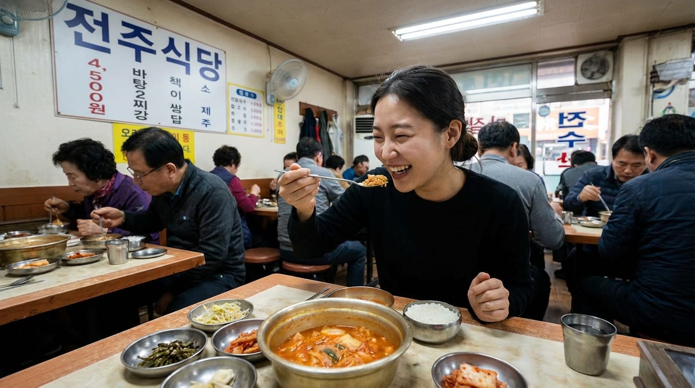 전주식당에서 맛있는 음식을 즐기는 여성, 테이블에는 다양한 반찬과 김치, 밥이 놓여 있으며, 배경에는 다른 손님들이 식사하고 있는 모습이 보입니다.