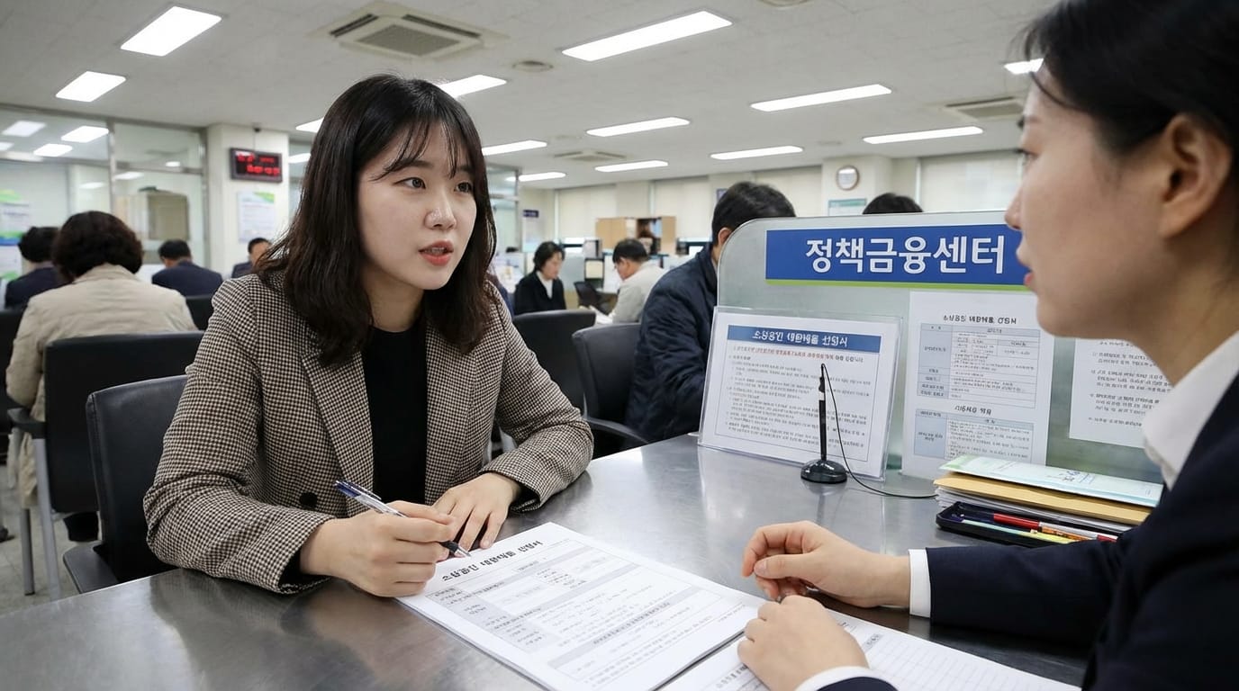 정책 금융 센터에서 상담 중인 여성과 직원의 대화 모습. 상담 테이블 위에 서류가 놓여 있으며, 배경에는 다른 고객들이 대기하고 있는 모습이 보인다.