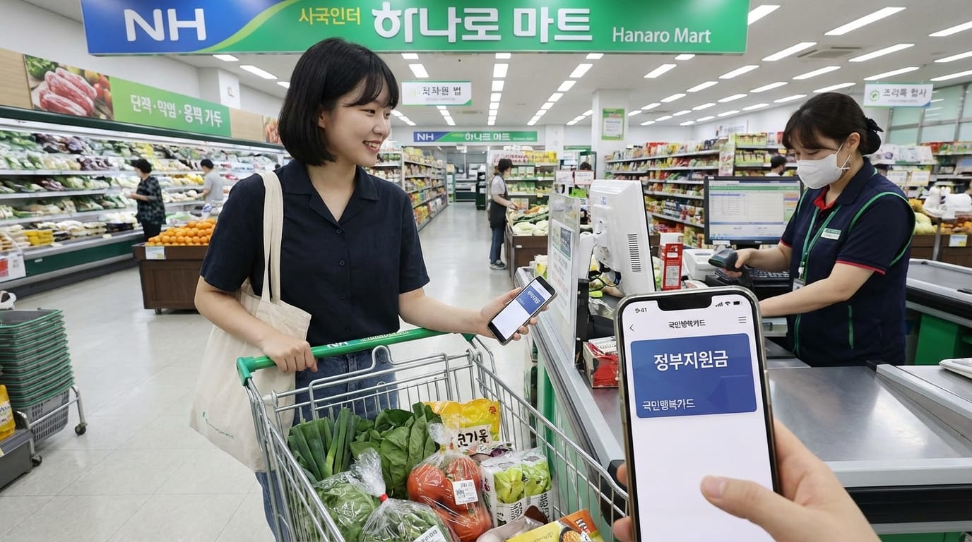 하나로 마트에서 쇼핑하는 여성과 계산하는 직원, 장바구니에는 신선한 채소와 과일이 담겨 있으며, 여성은 스마트폰으로 결제 정보를 확인하고 있다.