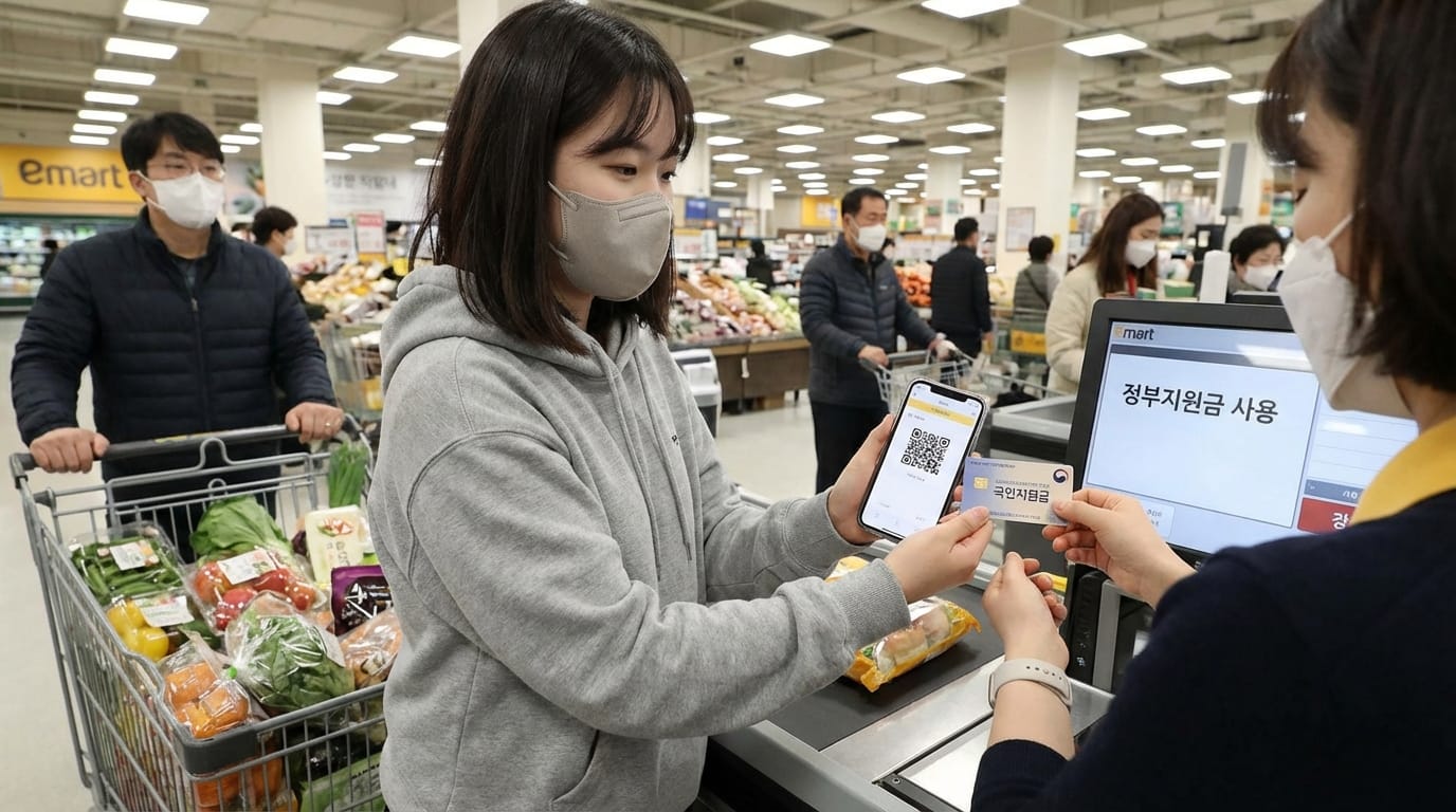 마트에서 정부 지원금을 사용하여 결제하는 고객과 직원의 모습, 스마트폰의 QR코드를 보여주는 여성과 카드 결제를 돕는 직원, 배경에는 다양한 식료품이 진열된 모습.
