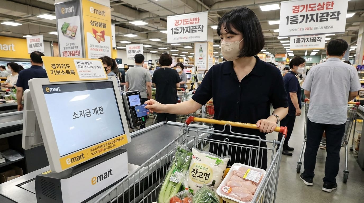 이마트에서 계산 중인 여성 고객, 장바구니에는 신선한 채소와 고기가 담겨 있으며, 주변에는 다른 고객들이 쇼핑하고 있는 모습이 보인다.