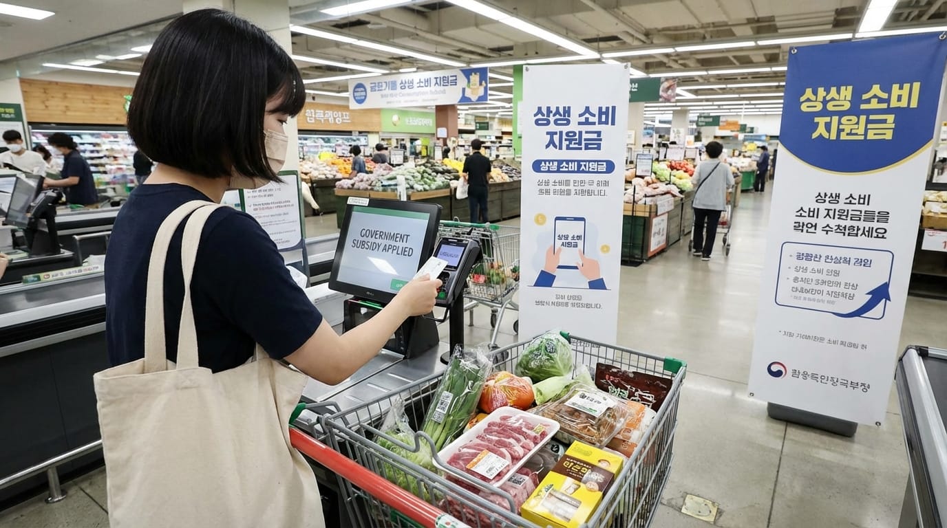 슈퍼마켓에서 장을 보는 고객, 정부 지원금이 적용된 결제 단말기와 장바구니에 담긴 신선한 식료품, 소비자 지원 안내 배너가 있는 모습.