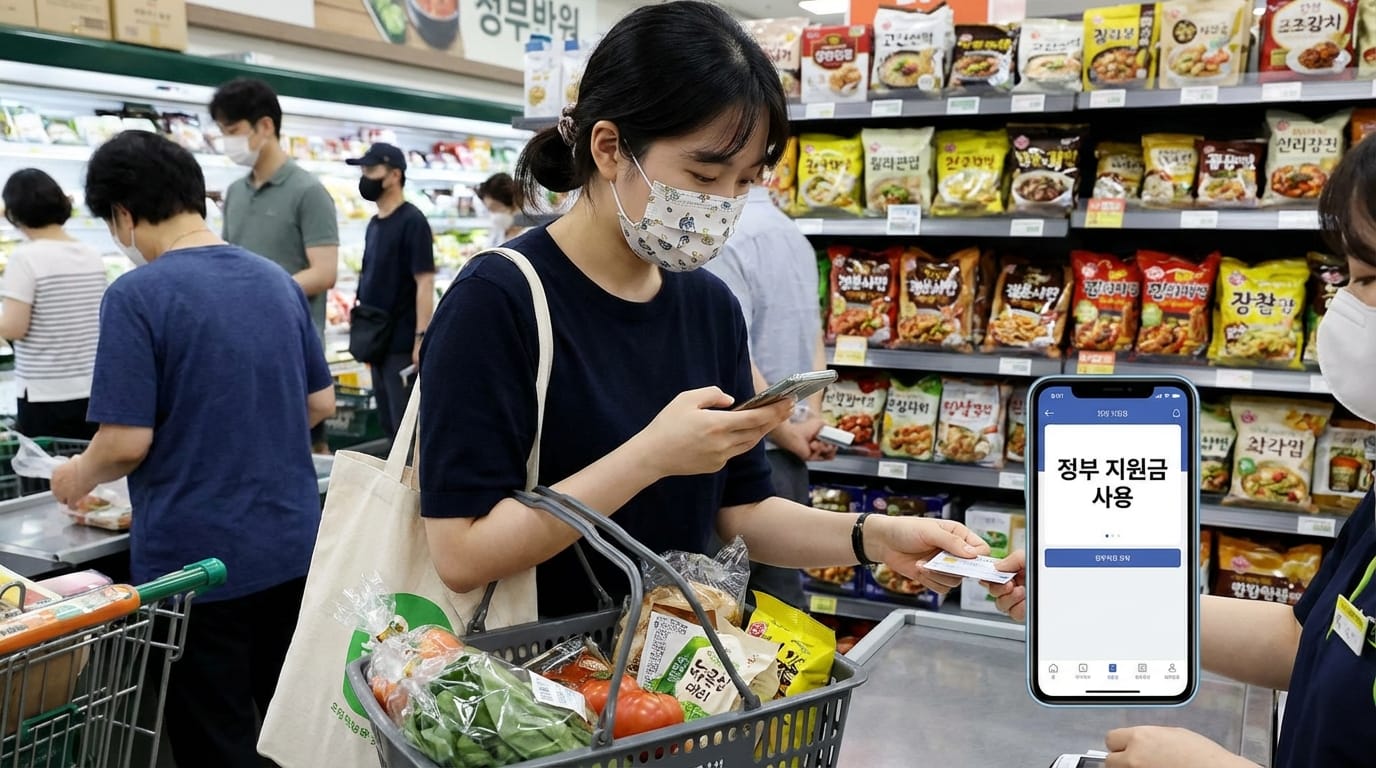 슈퍼마켓에서 장을 보는 여성, 스마트폰으로 결제 중이며, 장바구니에는 신선한 채소와 다양한 식품이 담겨 있음. 배경에는 다른 고객들이 쇼핑하는 모습이 보임.