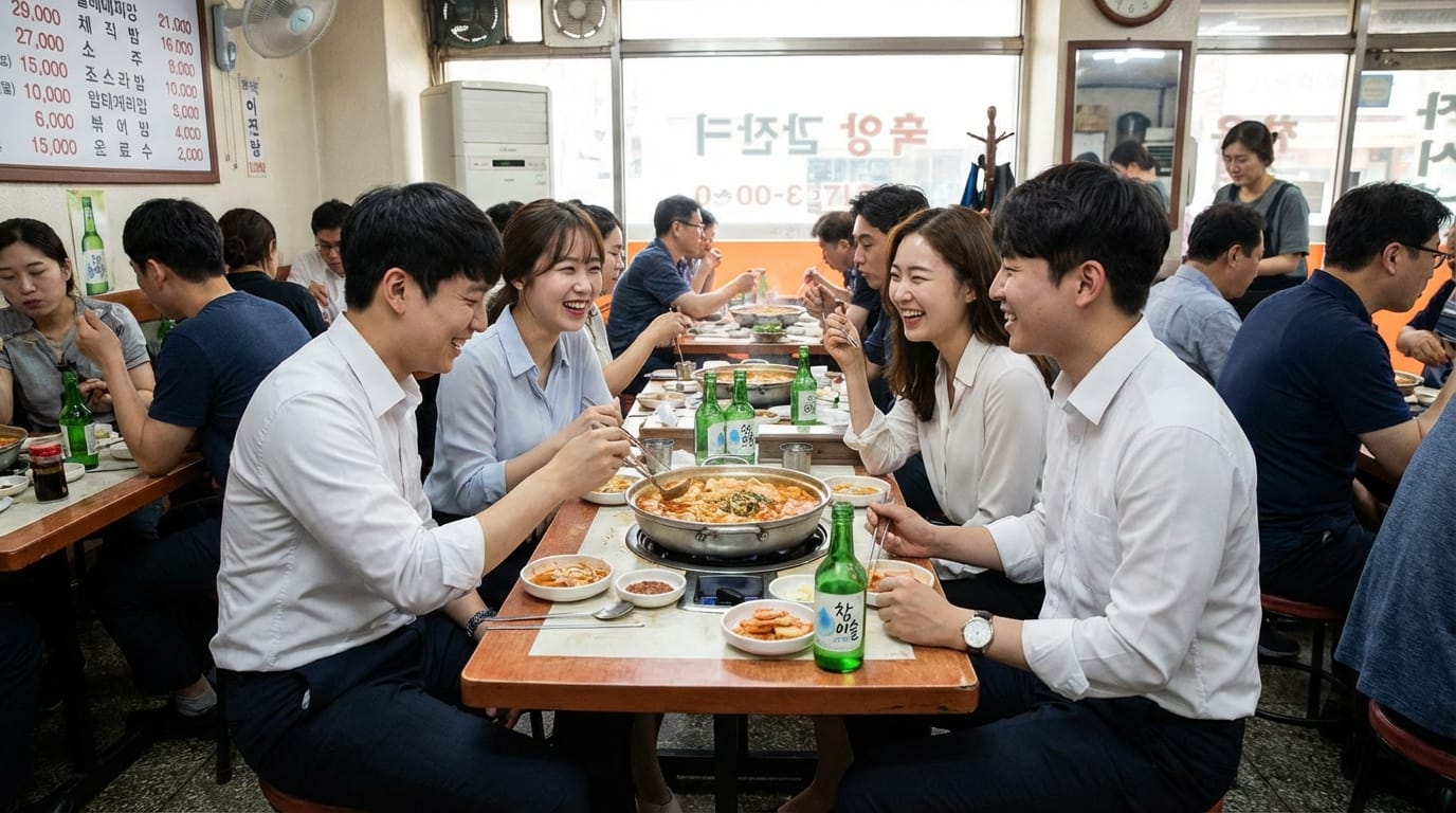 사람들이 전통 한국식당에서 함께 식사하며 즐거운 시간을 보내고 있는 모습. 테이블 위에는 다양한 반찬과 함께 뜨거운 찌개가 놓여 있으며, 사람들은 소주를 마시고 웃으며 대화하고 있다.