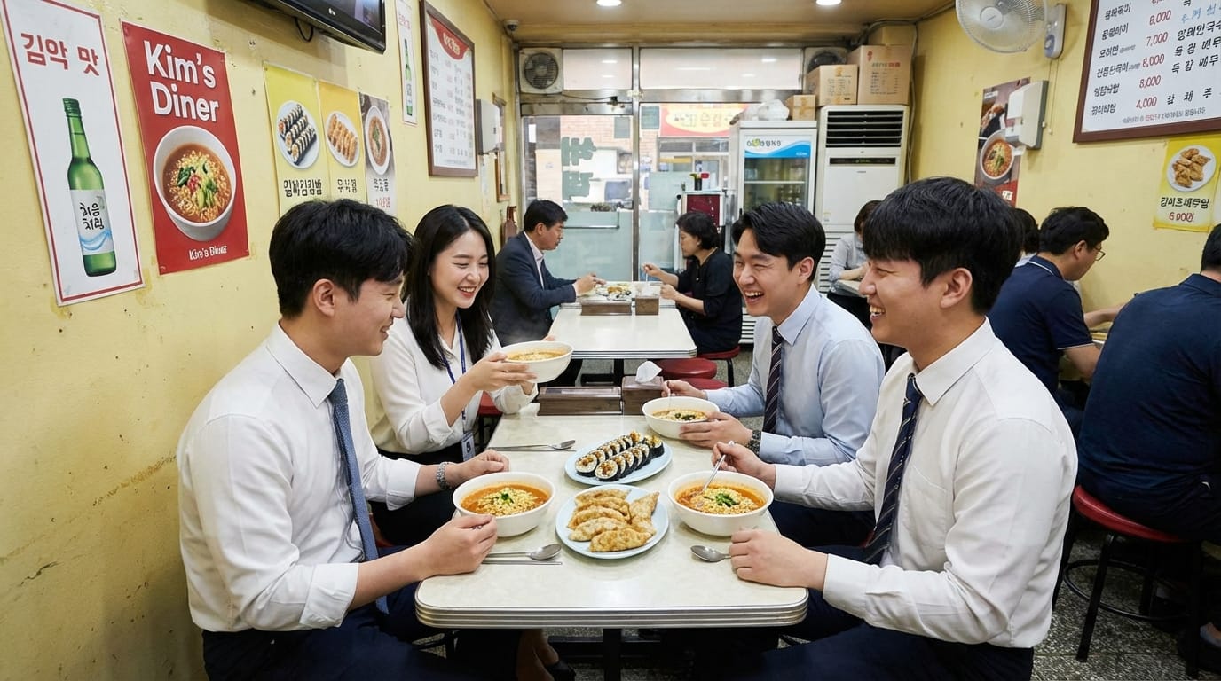 사람들이 김밥과 만두, 국수를 즐기며 대화하는 김스 다이너 내부 모습. 테이블 위에는 다양한 음식과 음료가 놓여 있고, 벽에는 메뉴와 광고가 붙어 있는 전통적인 한국식 식당의 분위기.