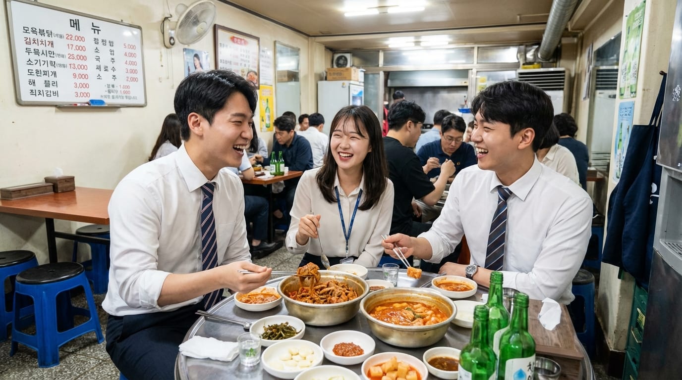 직장인들이 한국식당에서 다양한 음식을 즐기며 대화하는 모습, 배경에는 메뉴판과 많은 손님들이 보임. 테이블 위에는 여러 종류의 반찬과 소주가 놓여 있음.