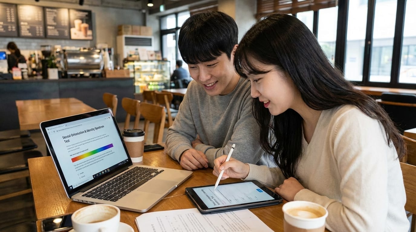 카페에서 노트북과 태블릿을 사용하여 함께 공부하는 젊은 남성과 여성. 노트북 화면에는 성적 지향 및 정체성 평가 테스트가 표시되어 있으며, 두 사람은 서로의 작업을 확인하며 소통하고 있다. 테이블 위에는 커피 컵과 문서가 놓여 있다.