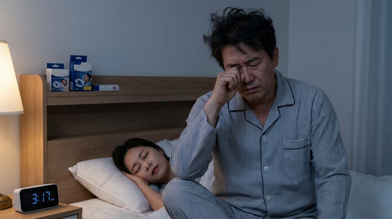침대에서 잠을 자고 있는 여성과 불면증으로 고통받는 남성의 모습. 남성은 스트레스를 받고 있으며, 시계는 오전 3시 17분을 가리키고 있다. 배경에는 수면 보조 제품들이 놓여 있다.