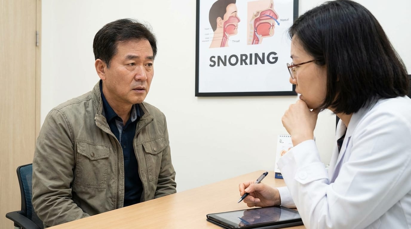 의사와 상담 중인 남성 환자가 있는 이미지, 배경에는 코골이에 대한 설명이 있는 포스터가 보임.