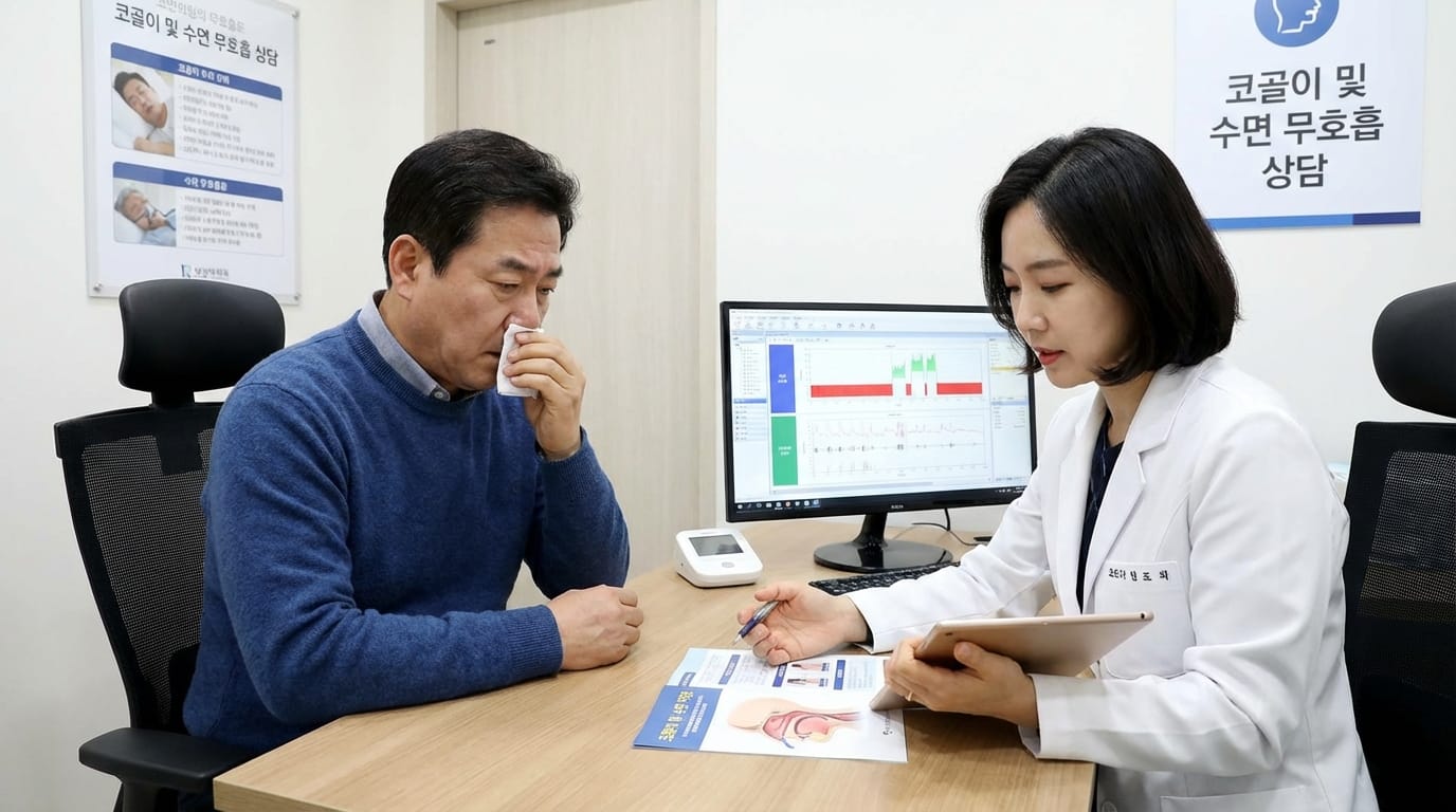코골이 및 수면 무호흡 상담을 받는 남성 환자와 의료진의 모습. 의료진은 태블릿을 사용하여 정보를 제공하고 있으며, 컴퓨터 화면에는 수면 데이터가 표시되어 있다.