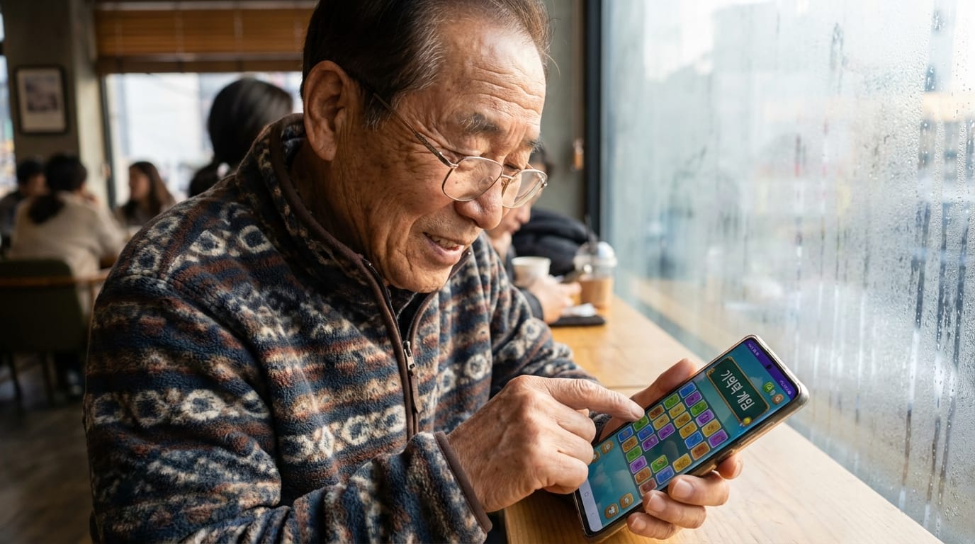 카페에서 스마트폰으로 게임을 즐기는 노인, 따뜻한 분위기의 실내에서 웃으며 화면을 터치하는 모습.