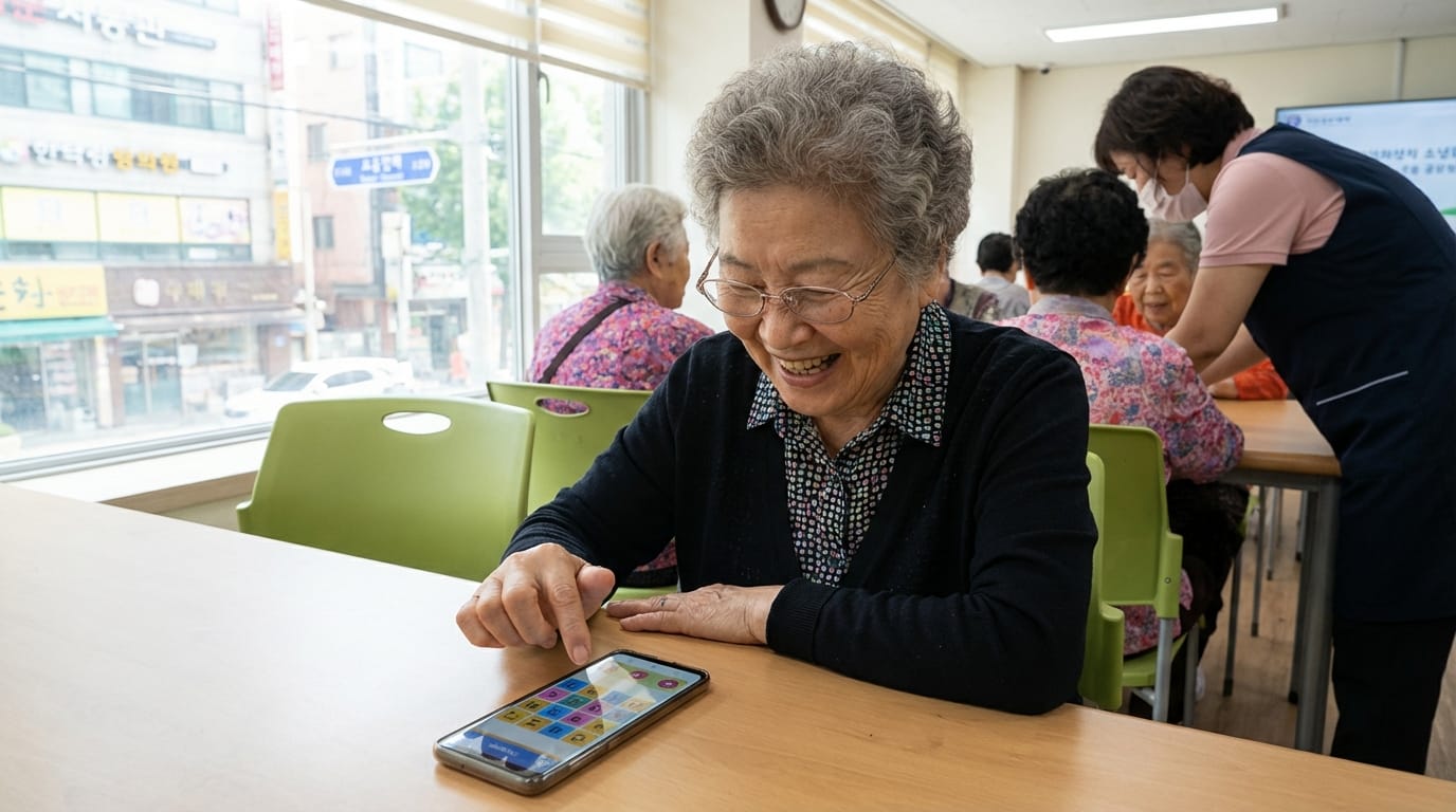 노인 여성이 스마트폰을 사용하며 웃고 있는 모습, 배경에는 여러 명의 노인들이 앉아 있는 모습이 보이는 복지관의 내부. 스마트폰 화면에는 다양한 아이콘이 표시되어 있어 디지털 기기를 활용하는 모습이 강조됨.