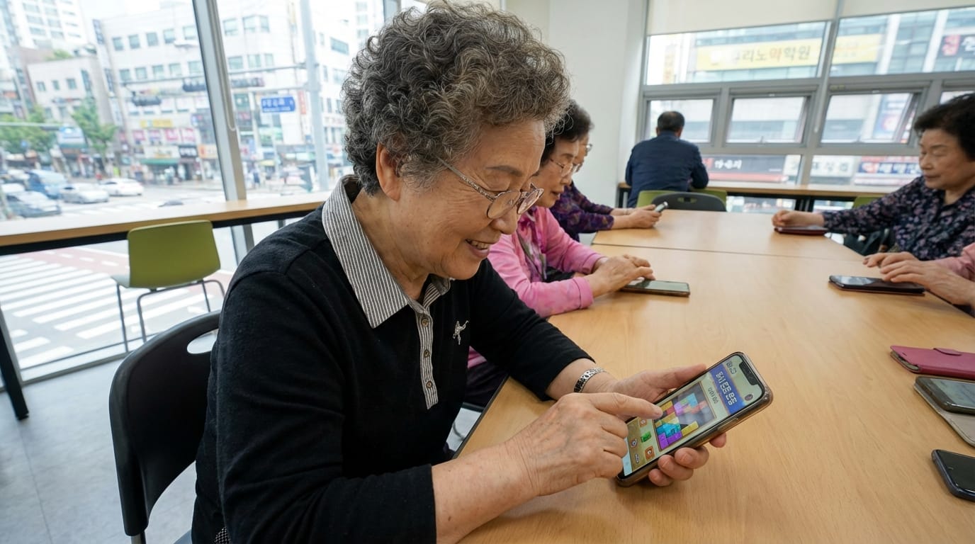 노인들이 스마트폰을 사용하며 소통하는 모습. 테이블에 앉아 게임이나 앱을 즐기는 여성들, 배경에는 도심 풍경이 보임.