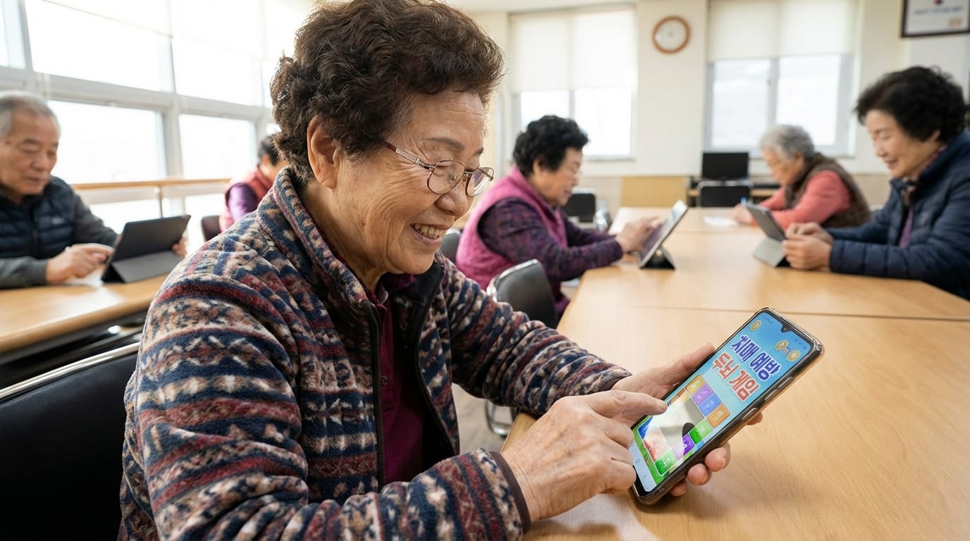 노인들이 스마트폰과 태블릿을 사용하여 디지털 교육을 받는 모습. 한 여성이 스마트폰으로 게임을 즐기고 있으며, 주변에 다른 노인들도 기기를 사용하고 있다.