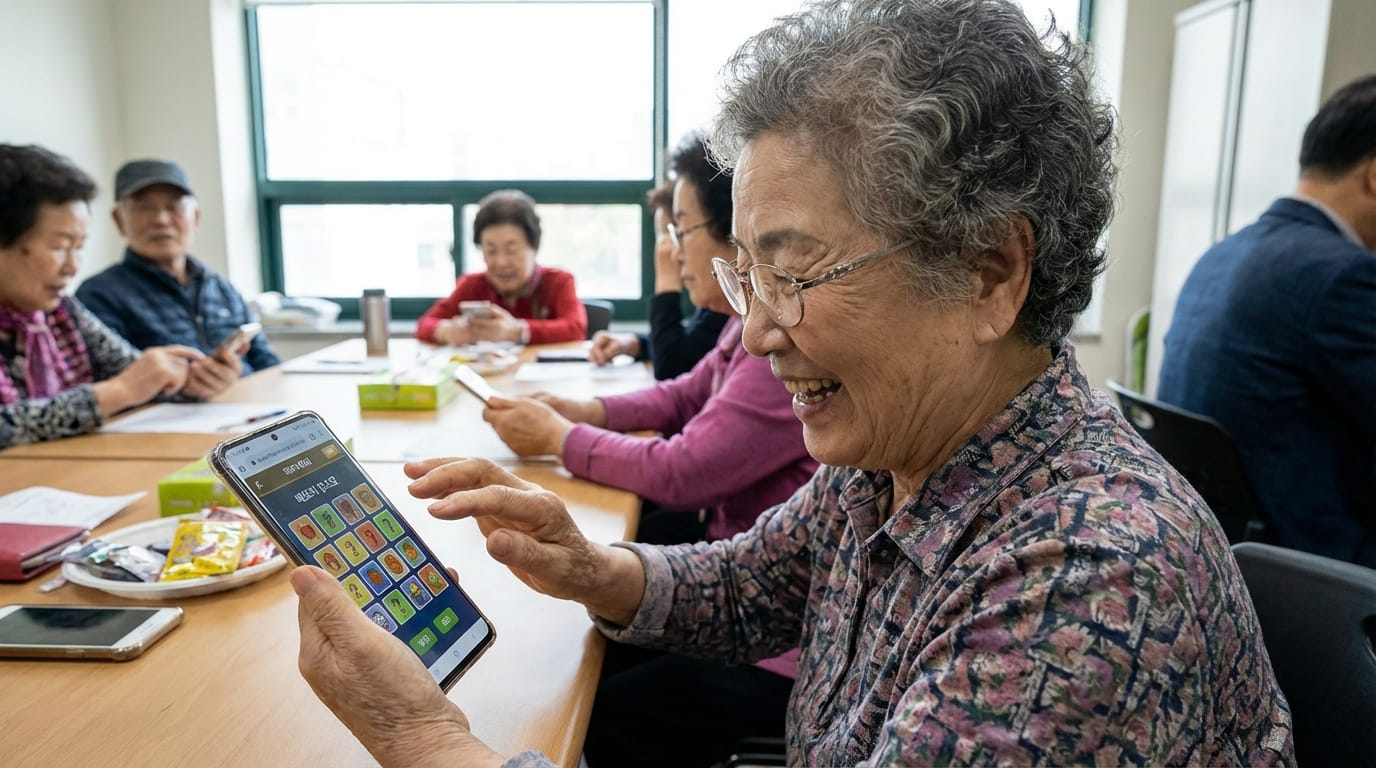 노인들이 스마트폰을 사용하며 소통하는 모습, 다양한 연령대의 사람들이 함께 모여 있는 모습, 즐거운 분위기에서 기술을 배우는 장면.