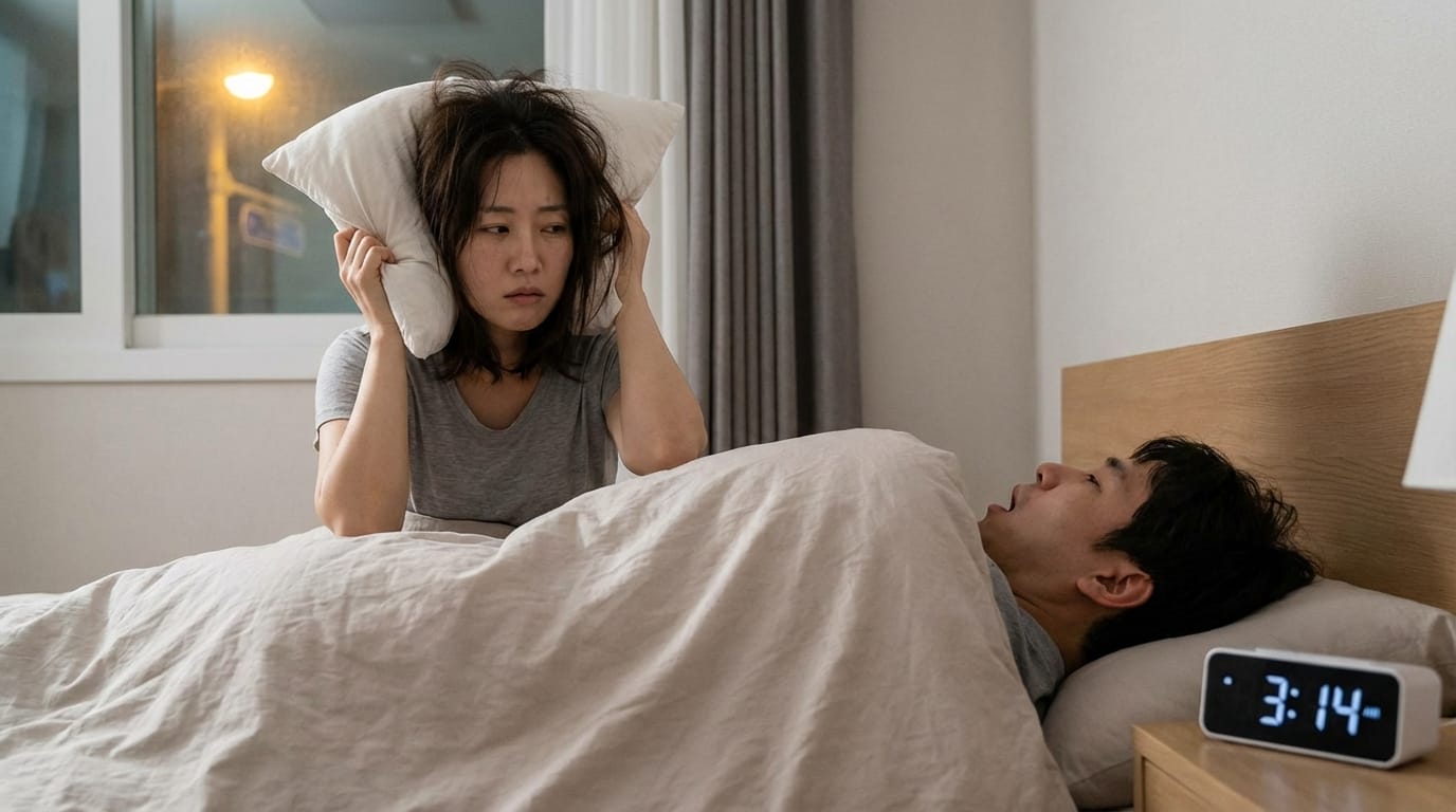 침대에 누워 있는 남성과 여성이 있는 이미지로, 여성이 베개로 귀를 막고 불편한 표정을 짓고 있으며, 남성은 편안하게 잠을 자고 있다. 시계는 3:14를 가리키고 있다.