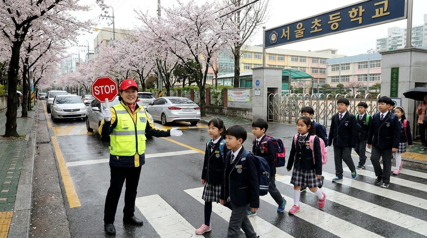 서울 초등학교 앞에서 교통 경찰이 학생들을 안내하며 신호를 보내고 있는 모습. 벚꽃이 만개한 거리에서 학생들이 안전하게 횡단보도를 지나고 있다.