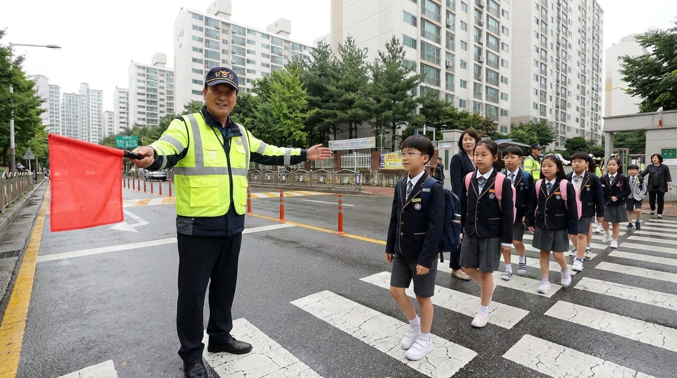 학교 앞에서 어린이들이 안전하게 횡단보도를 건너는 모습, 교통경찰이 빨간 깃발을 들고 학생들을 안내하고 있음.