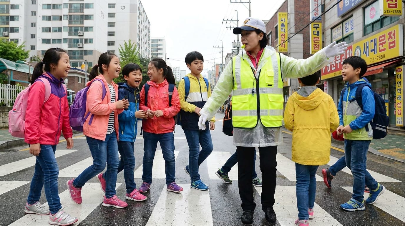 어린이들이 횡단보도를 건너는 모습과 교통 안전을 담당하는 안전 요원. 비 오는 날, 다양한 색상의 외투를 입은 아이들이 즐겁게 대화하며 이동하고 있는 장면.