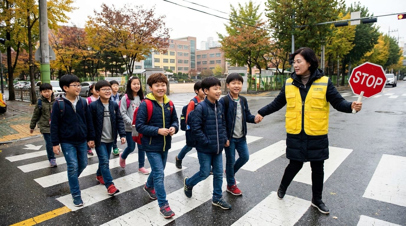학생들이 안전하게 횡단보도를 건너는 모습과 함께 교통 안내를 하는 자원봉사자의 이미지. 가을 풍경 속에서 학교 근처에서 촬영됨.
