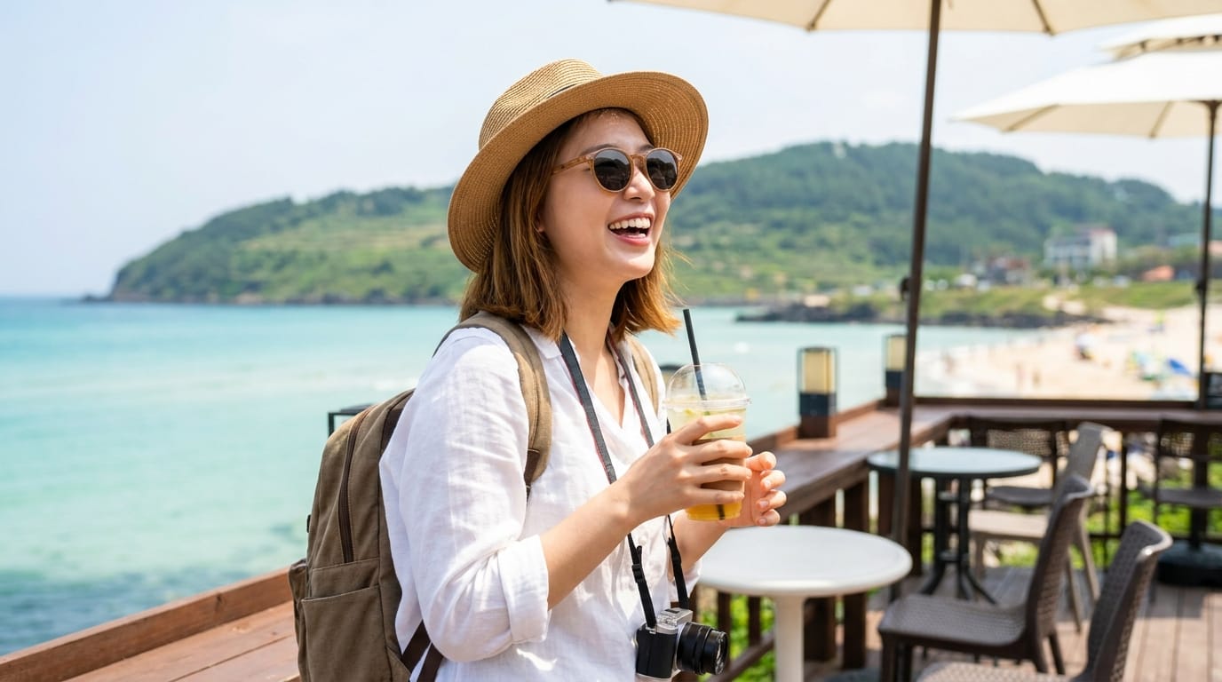 해변가 카페에서 음료를 들고 웃고 있는 여성 관광객, 태양 모자와 선글라스를 착용하고 있으며, 배경에는 푸른 바다와 해변이 보임.