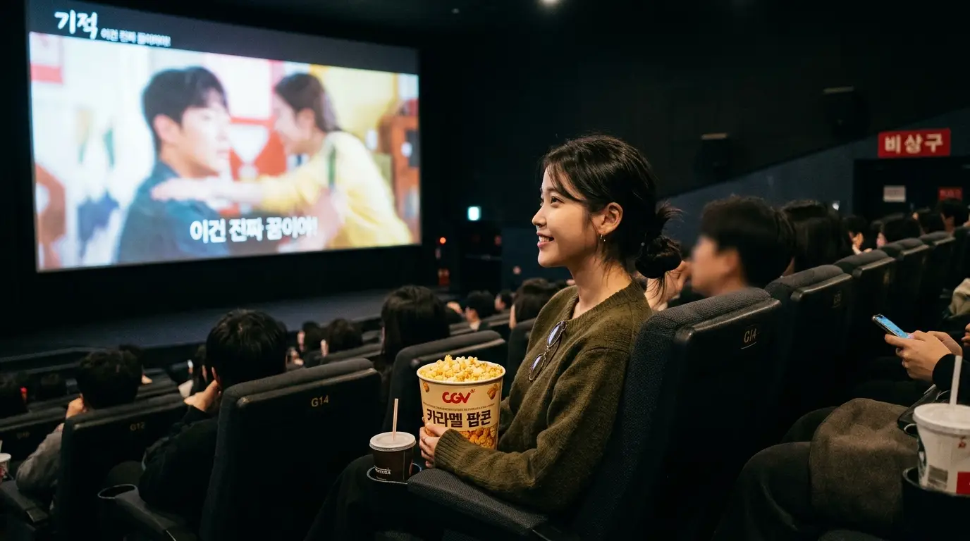 영화관에서 팝콘과 음료를 들고 영화를 관람하며 미소 짓는 여성과 관객들이 어두운 상영관에서 즐거운 분위기를 느끼는 장면