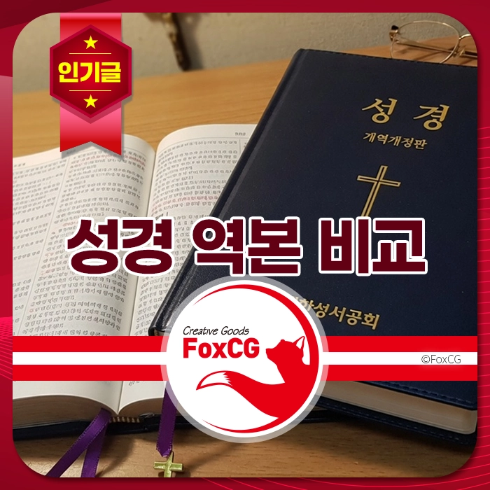 성경책 두 권이 나무 책상 위에 펼쳐져 있으며 개역개정판과 다른 번역본을 비교해 볼 수 있는 분위기가 조성되어 있음.