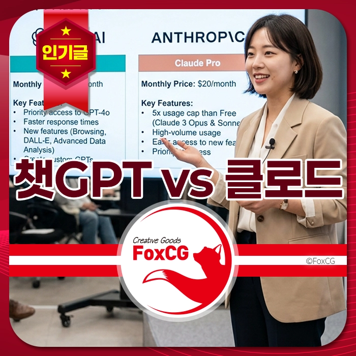 챗GPT와 클로드 인공지능 서비스 비교 프레젠테이션을 진행 중인 여성, 인기글 배지와 FoxCG 로고가 보이는 실내 강의 분위기