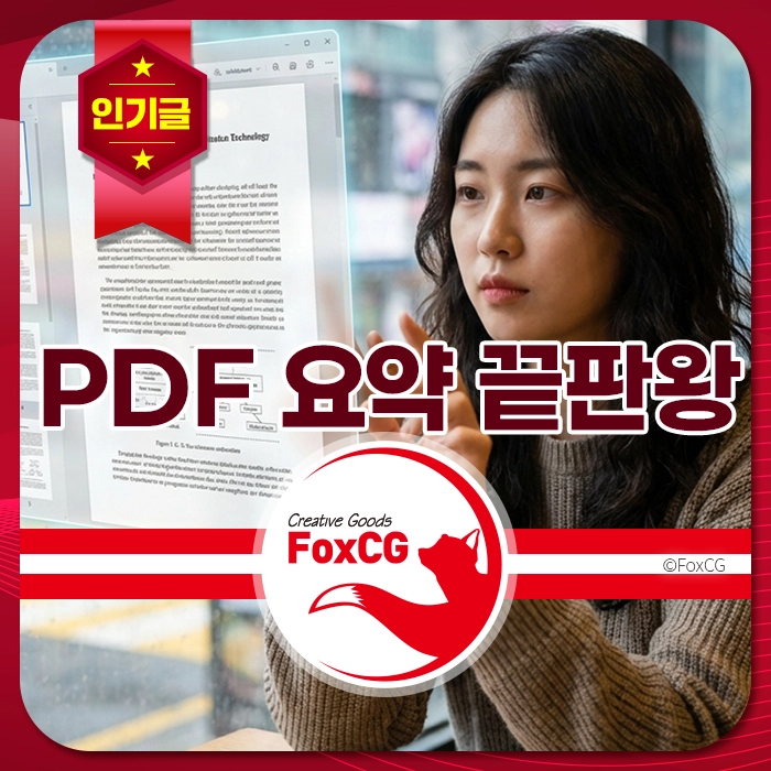 PDF 요약 프로그램을 사용하는 여성, 화면에는 PDF 문서가 표시되어 있으며, 'PDF 요약 끝판왕'이라는 텍스트가 포함되어 있습니다. FoxCG 브랜드 로고가 하단에 위치해 있습니다.
