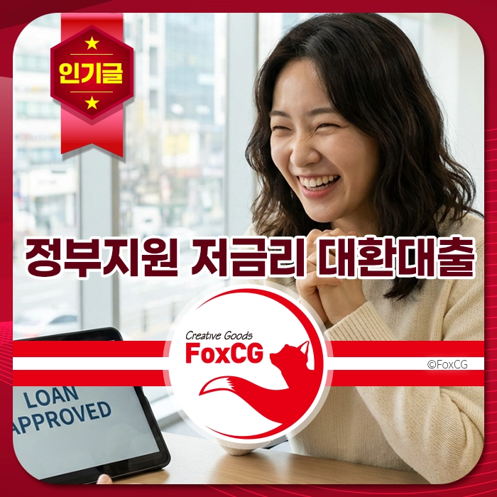 정부지원 저금리 대환대출을 통해 기뻐하는 여성의 모습, 대출 승인 화면이 보이는 이미지.