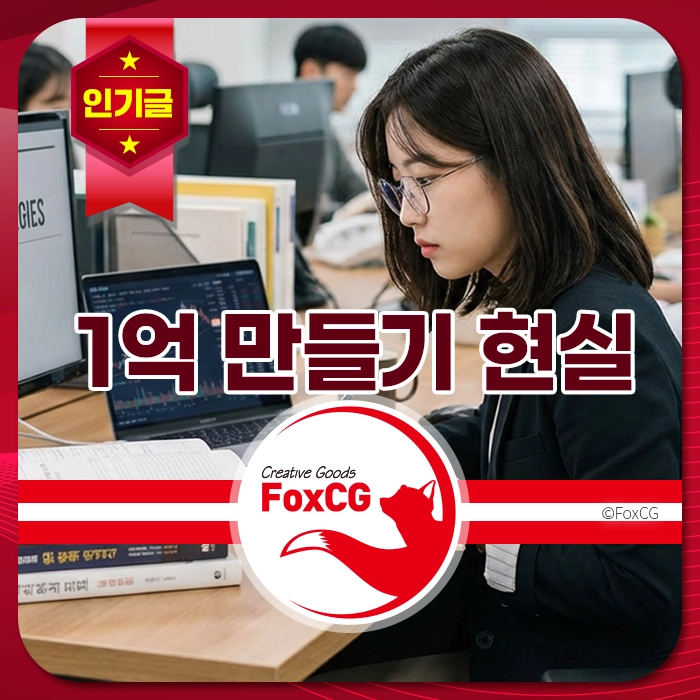 사무실에서 컴퓨터 작업에 집중하는 여성, "1억 만들기 현실" 텍스트와 FoxCG 로고가 포함된 이미지.