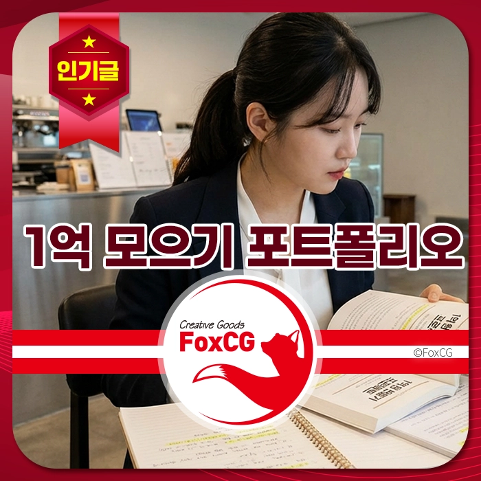 커피숍에서 책을 읽고 있는 여성, 1억 모으기 포트폴리오 관련 자료를 검토 중인 모습. FoxCG 로고와 인기글 배너가 포함된 이미지.