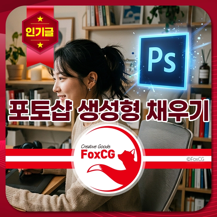 포토샵 프로그램과 함께 모니터 앞에서 그래픽 작업하는 여성, 인기 강좌 배너와 따뜻한 홈 오피스 배경, FoxCG 로고 강조