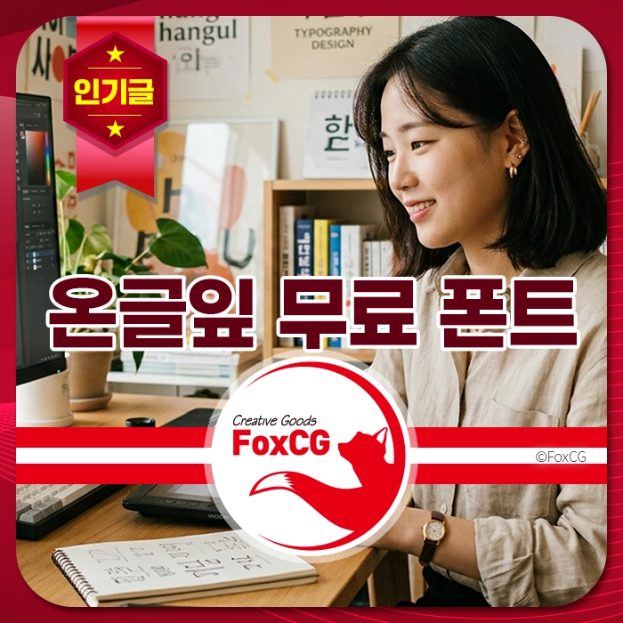 디자인 작업 중인 여성과 컴퓨터 화면, '온글입 무료 폰트'를 홍보하는 이미지. FoxCG의 창의적인 상품을 강조.